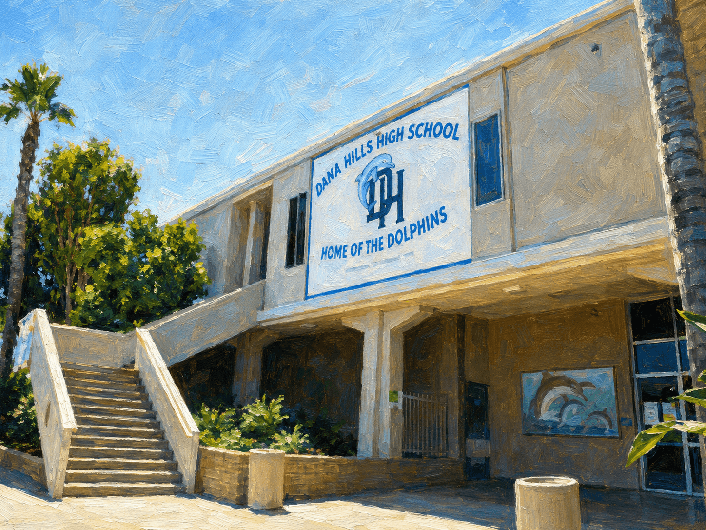 Painted view of the Dana Hills High School front entrance, Home of the Dolphins