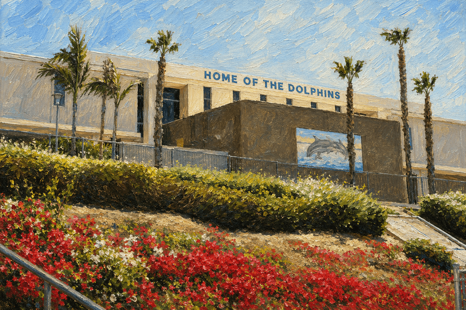 Painted view of Dana Hills High School looking toward the campus and football field, with Home of the Dolphins lettering